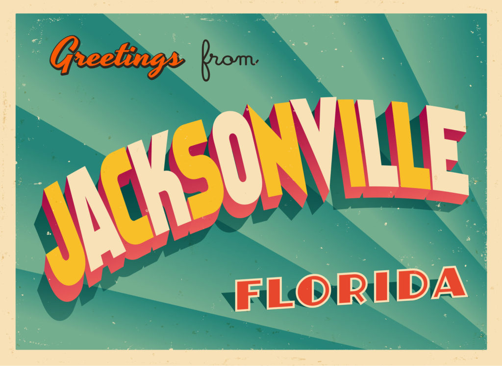 Vintage Touristic Greeting Card From Jacksonville, Florida Vector Eps10. Grunge Effects Can Be Easily Removed For A Brand New, Clean Sign.