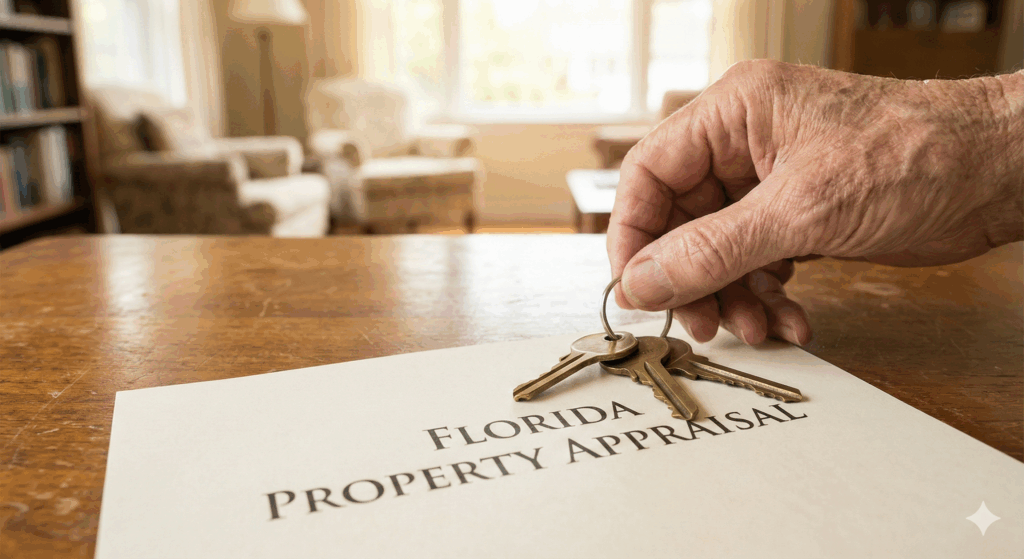 A gentle hand places house keys on a Florida date-of-death appraisal document, symbolizing the process of valuing an inherited property with care.
