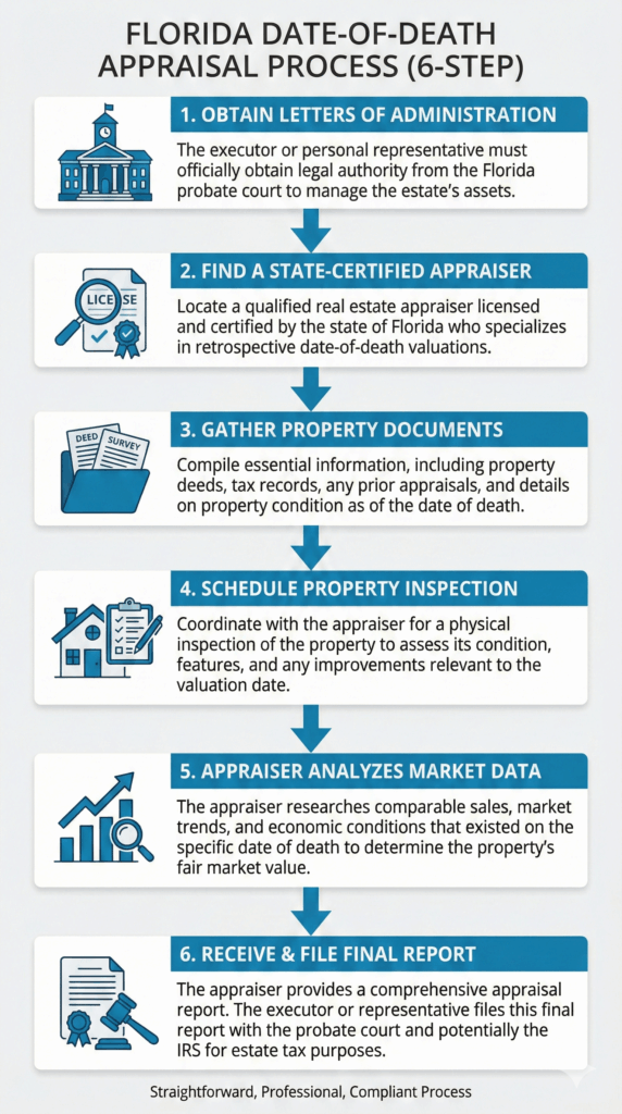 Infographic flowchart detailing the 6 steps for obtaining a date-of-death appraisal for inherited property in Florida, from court letters to filing the final report.