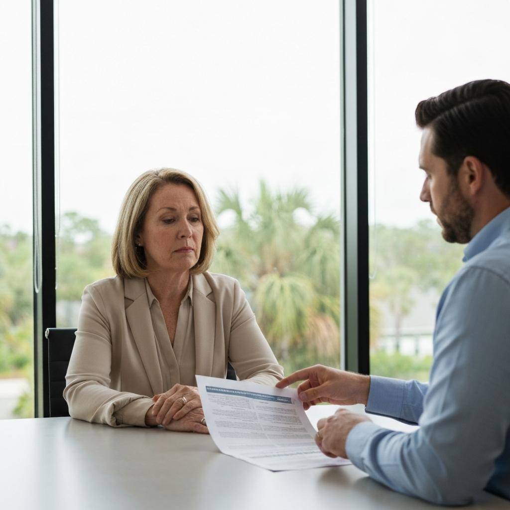 Your Home Sold Guaranteed Realty - Phil Aitken Home Team - How Creditors, Debts and Liens Affect a Florida Estate: What Heirs Actually Owe  A relieved middle-aged female heir discusses estate debt liability with a compassionate real estate expert in a bright, modern Jacksonville office.