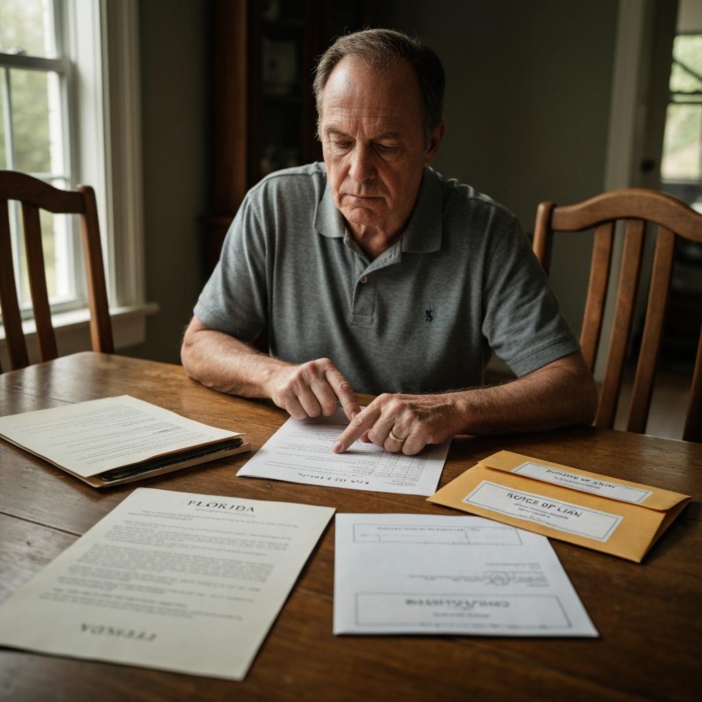 Your Home Sold Guaranteed Realty - Phil Aitken Home Team - How Creditors, Debts and Liens Affect a Florida Estate: What Heirs Actually Owe Concerned heir sits at a wooden table in a Florida home, carefully examining estate paperwork, property deeds, and notices of liens and debts.