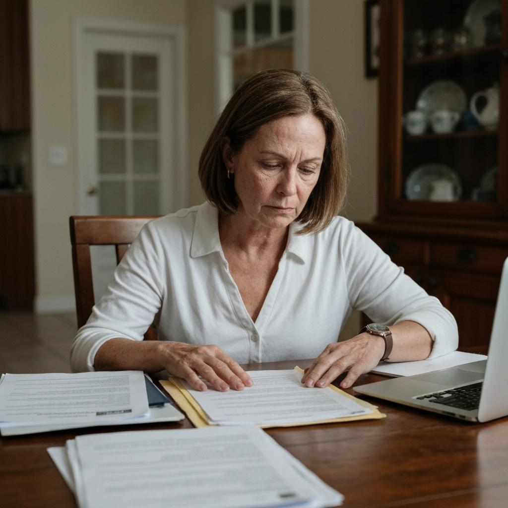 The Executor's Survival Guide: Your Duties, Your Liability, and How to Protect Yourself, A pensive middle-aged woman sits overwhelmed at her dining table, reviewing documents related to her executor duties and liability in Florida.