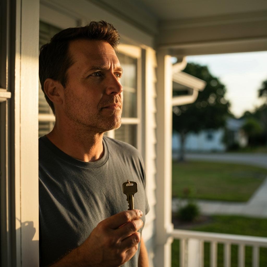 Can You Buy Out Other Heirs To Keep The Inherited Property In Florida? Hopeful heir standing in the doorway holding keys to an inherited property after a successful buyout in Jacksonville, Florida.