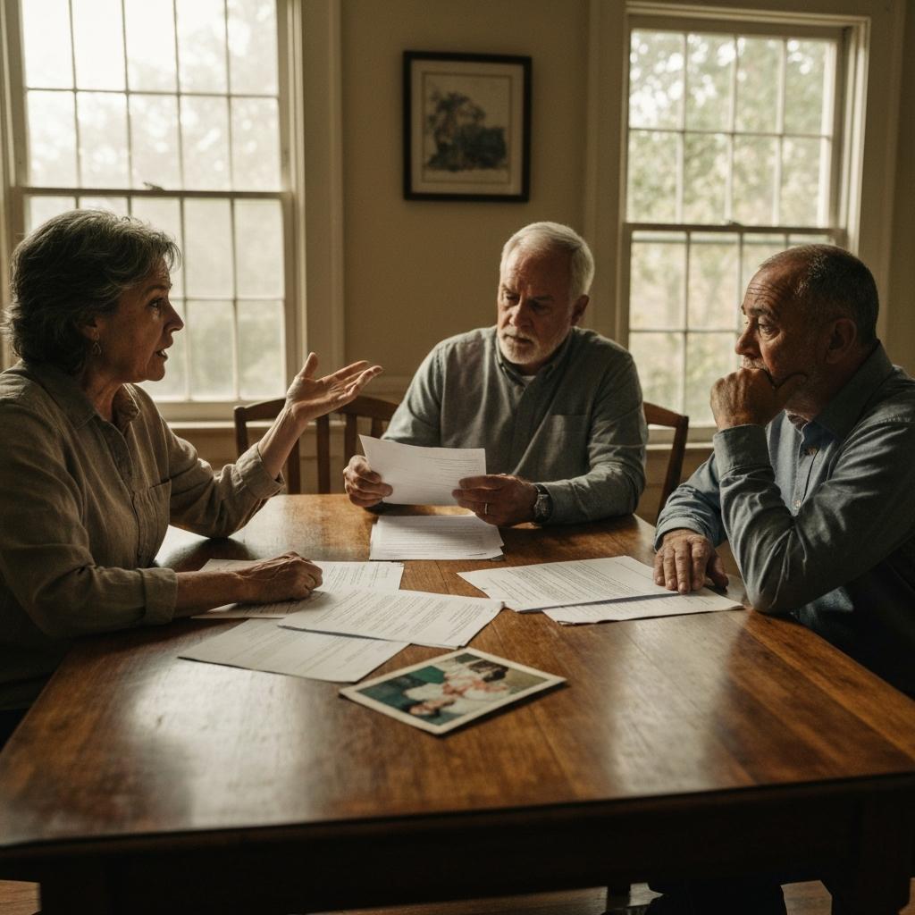 How Do You Handle Disputes Between Heirs About Selling Property In Jacksonville. Three stressed adult siblings having a tense discussion over legal documents about selling inherited property in a Jacksonville, Florida home.