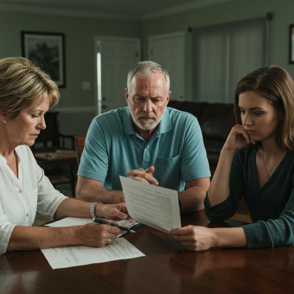 When Family Conflict Threatens the Estate: Preventing and Managing Heir Disputes. Concerned multi-generational family reviewing legal estate documents during a tense heir dispute in their Jacksonville, Florida family home.