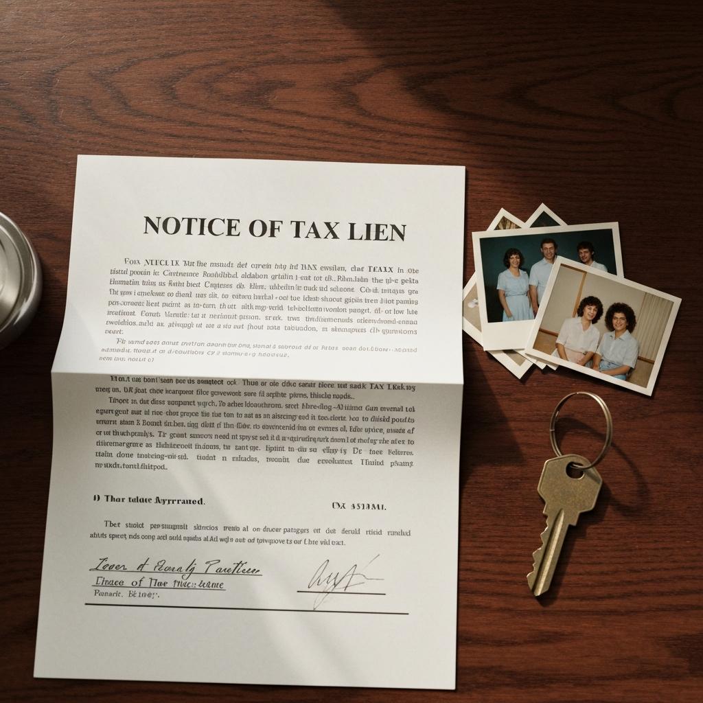 How Do Liens or Unpaid Taxes Impact the Sale of an Inherited House in Florida? Tax lien documents for an inherited house in Florida on a wooden desk next to family photos, symbolizing the challenge of settling an estate.