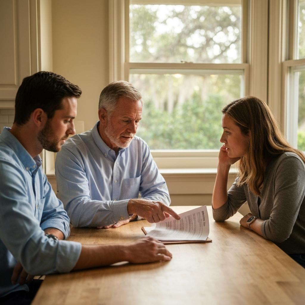 Keeping, Selling, or Renting an Inherited Property: How to Make the Right Decision. Compassionate real estate expert advising two heirs on their inherited property decision at a kitchen table in a classic Jacksonville, Florida home.