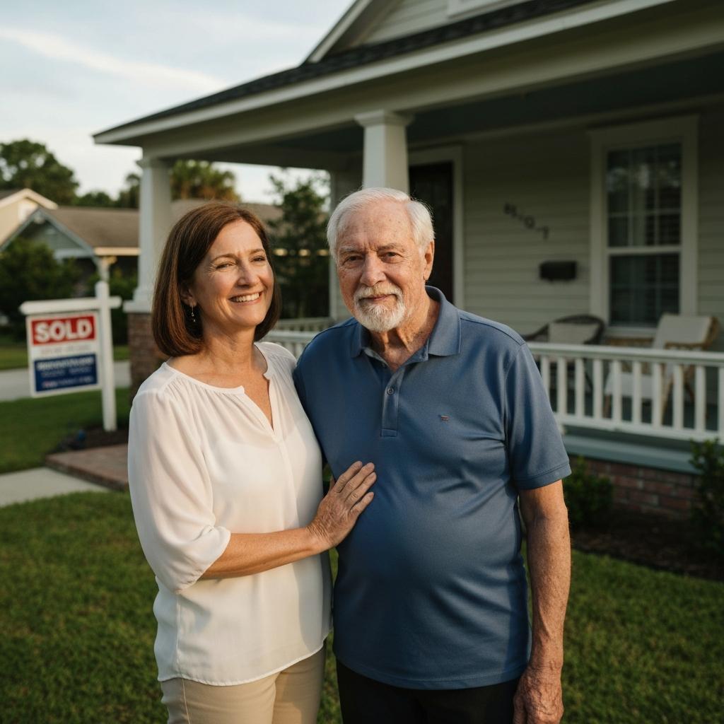 When Family Conflict Threatens the Estate: Preventing and Managing Heir Disputes. Relieved adult daughter and elderly father sharing a peaceful moment on a porch after selling their inherited property in a sunny Jacksonville neighborhood.