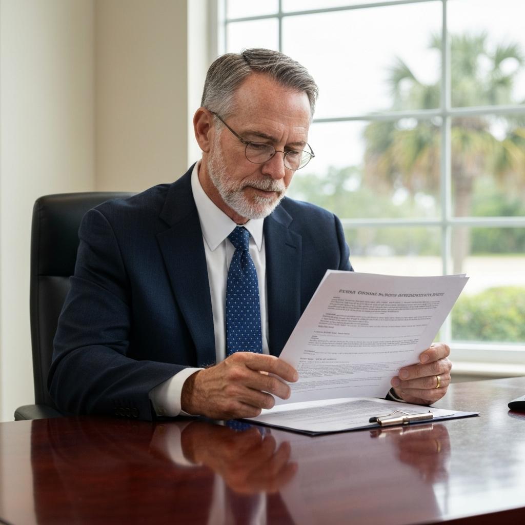 Focused personal representative reviewing legal documents for working with the probate court in his Jacksonville, Florida office to avoid delays.